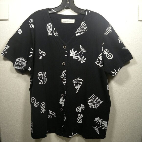 Sarah Bentley Tops - Sarah Bentley Pisces Black & White Short Sleeve Button Up Shirt SZ 1X